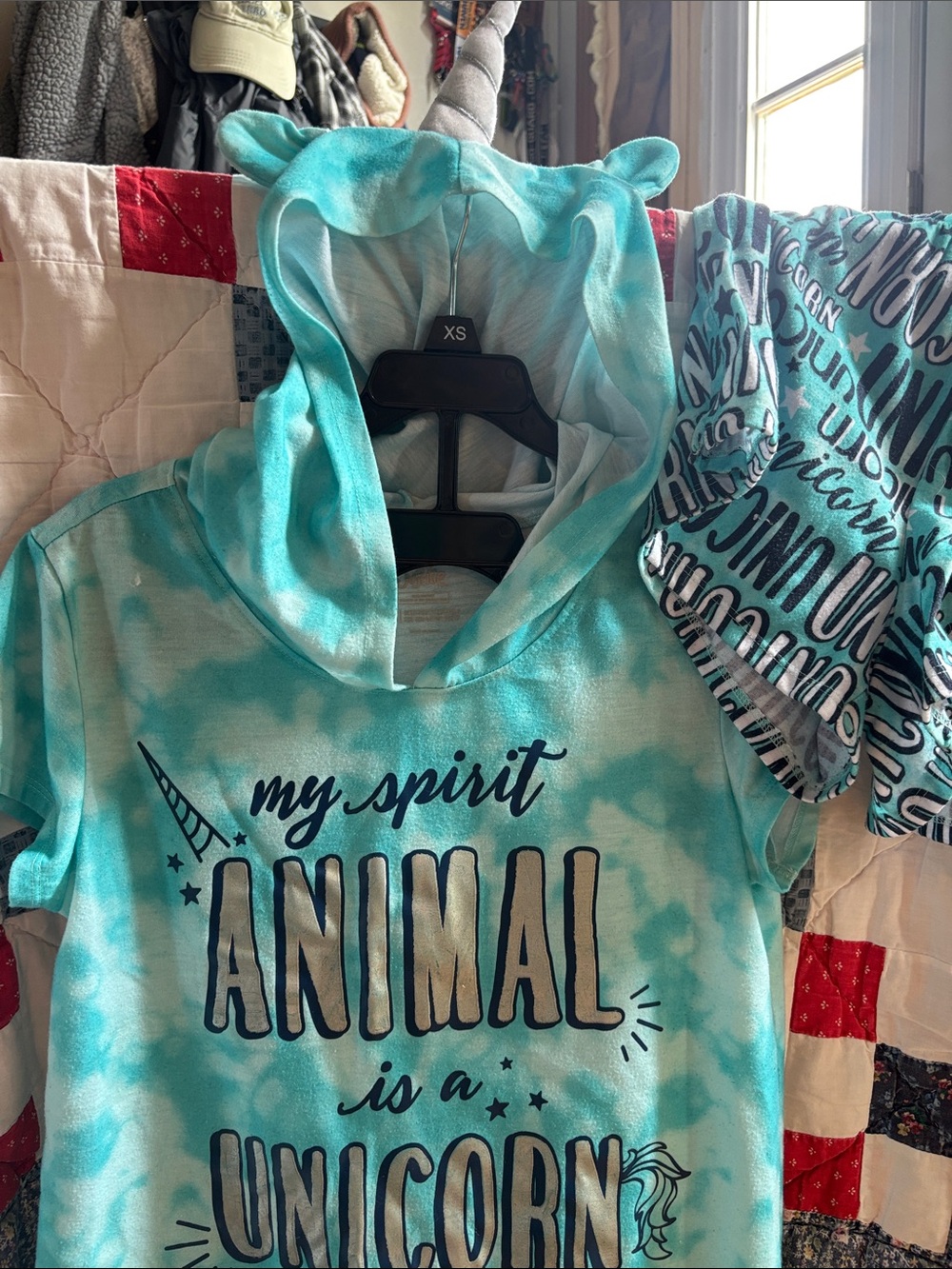Bundle of 2 PJ’s Justice Turquoise Unicorn Hooded Pajama Set and one other set.